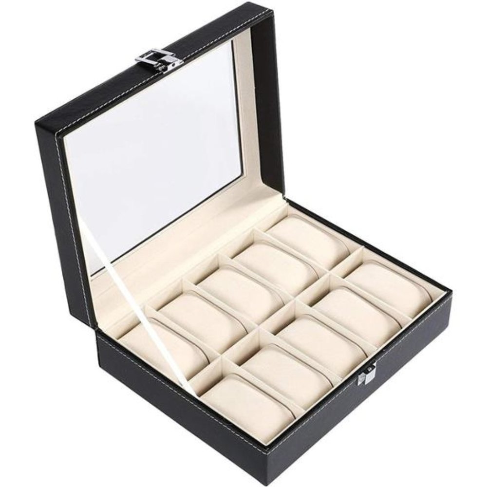 Watch Box 10 Slot Display Case Real Glass Organizer Storage with Pu Leather